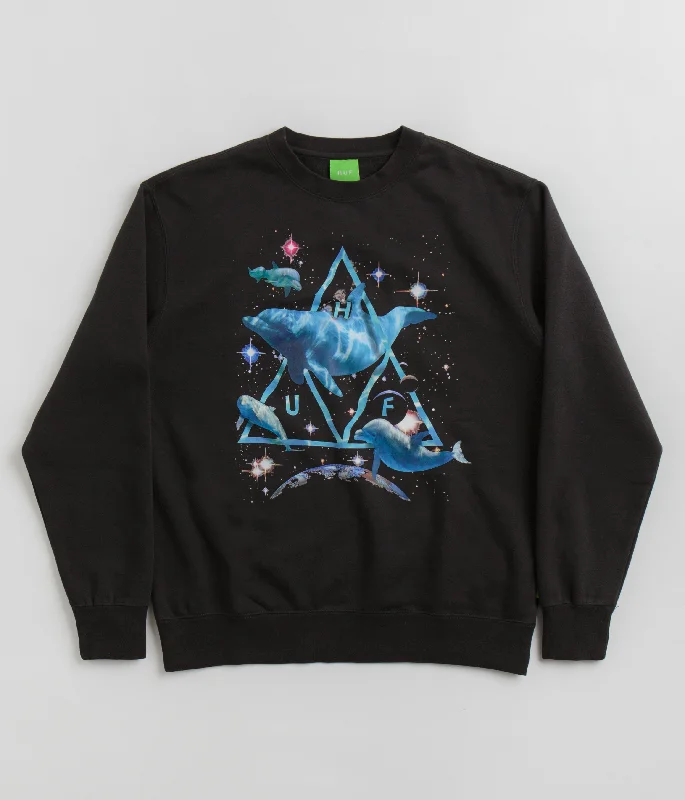 HUF Space Dolphins Wash Crewneck Sweatshirt - Black Hoodie with Turtle Neck Cozy Winter