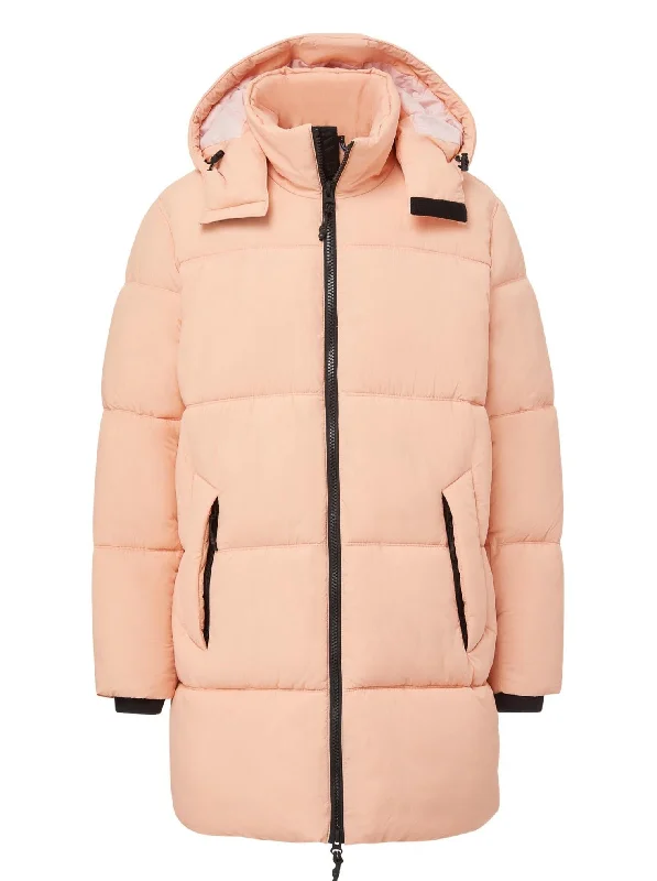 Long Hooded Puffer - Coral Pink Hoodie with Mock Neck Collared Structured