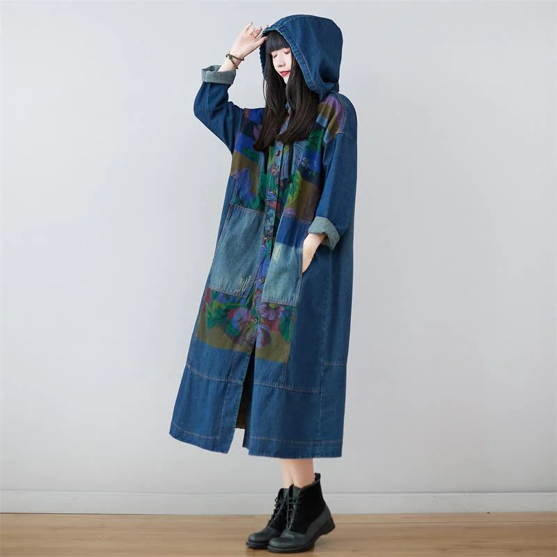 Mai Denim Hooded Long Coat Hoodie with Drawcord Adjustable Secure