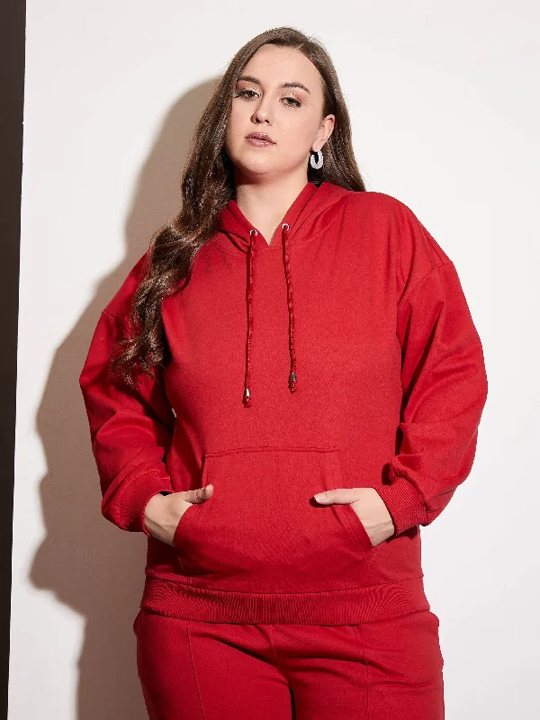 Women Red Fleece Hoodie Hoodie with Rolled Sleeves Casual Relaxed