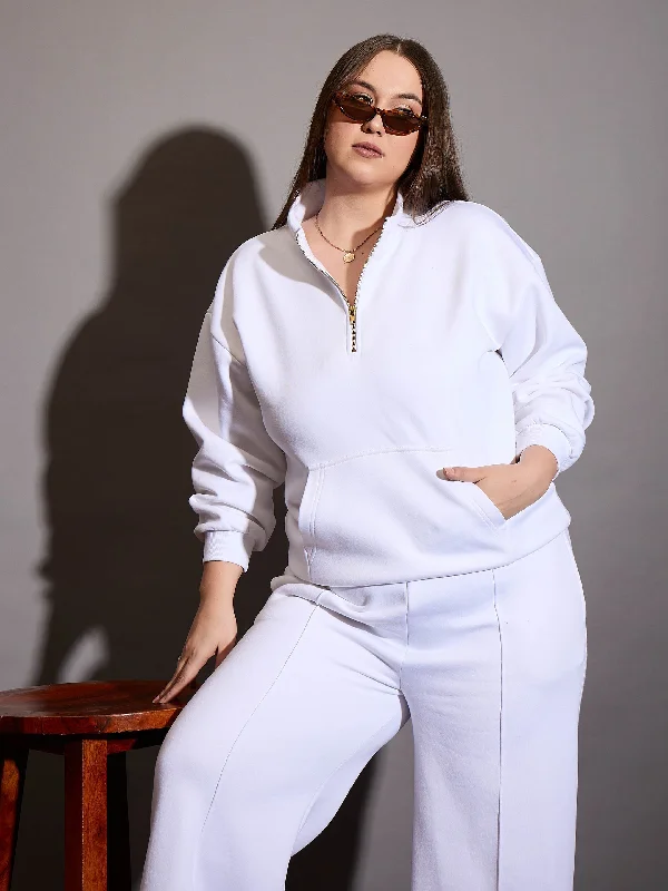 Women White Fleece Half Zipper Sweatshirt Hoodie with Lace Feminine Delicate