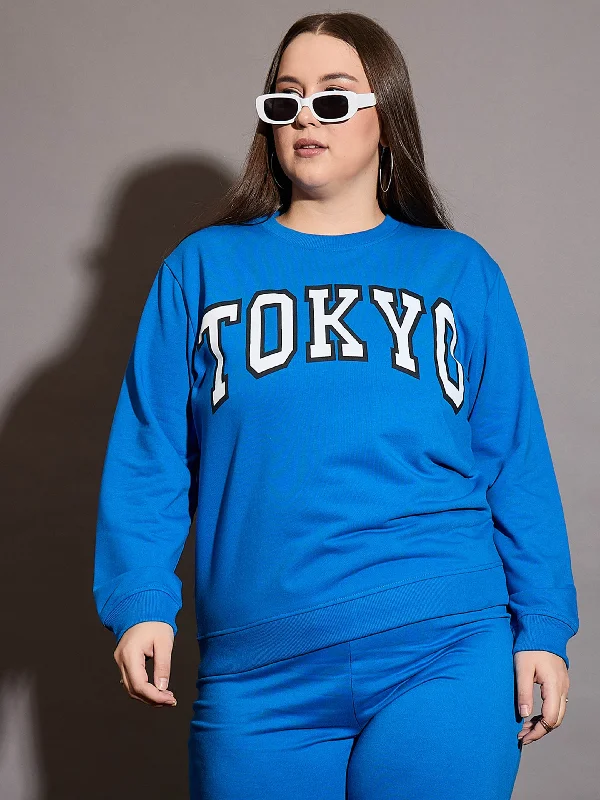 Women Royal Blue Terry TOKYO Printed Sweatshirt Hoodie with Hem Fringe Bohemian Relaxed