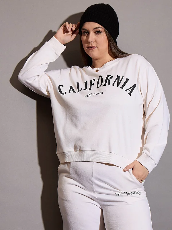 Women White CALIFORNIA Terry Sweatshirt Hoodie with Pattern Geometric Abstract