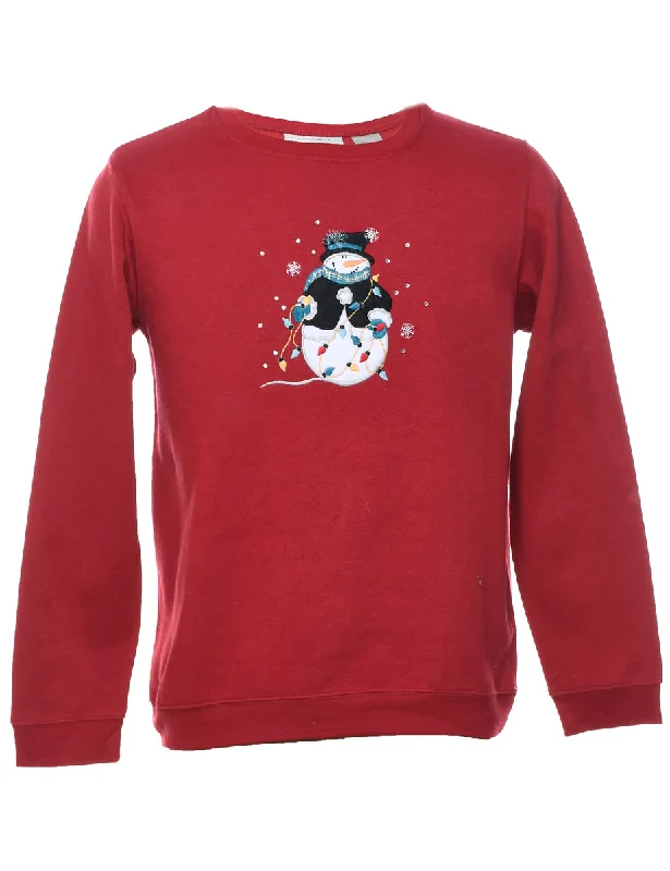 Snowman Design Maroon Christmas Sweatshirt - M Hoodie with Slit Hem Functional Movement