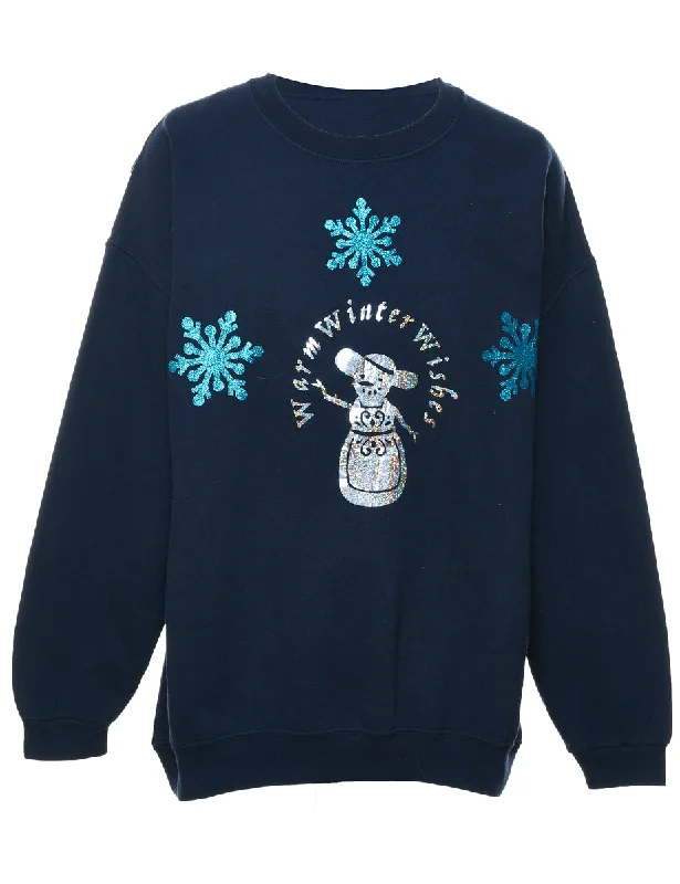 Snowman Design Navy Christmas Sweatshirt - XL Hoodie with Set-In Sleeves Structured Classic