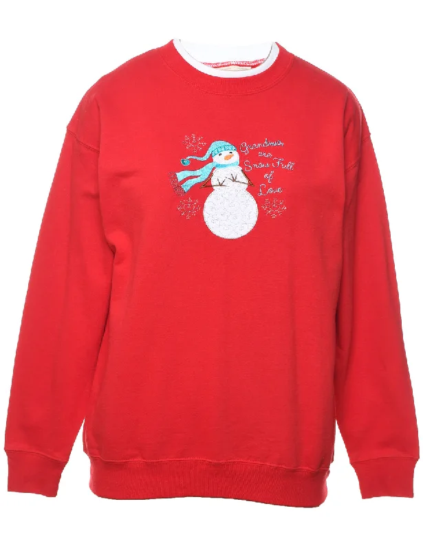 Snowman Design Red Christmas Sweatshirt - M Hoodie with Elastic Cuffs Stretchable Comfortable