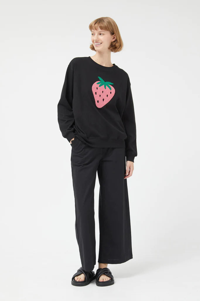 Strawberry Sweatshirt Black Hoodie with Crew Neck Simple Timeless