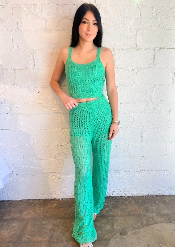 Summer Green Knit Wide Leg Pant High-Waist Yoga Pants