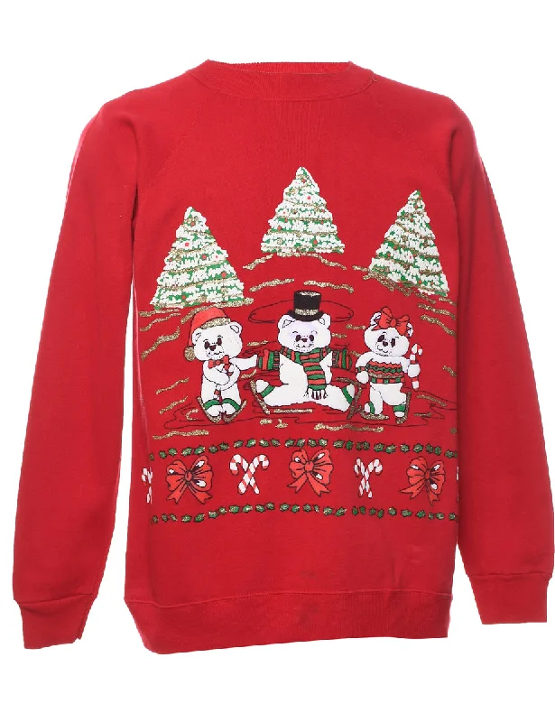 Teddy Bear Print Christmas Sweatshirt - L Hoodie with Half-Zip Sporty Casual