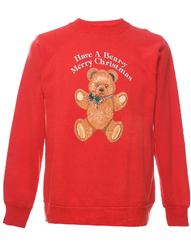 Teddy Bear Print Christmas Sweatshirt - L Hoodie with Hem Contrast Bold Stylish