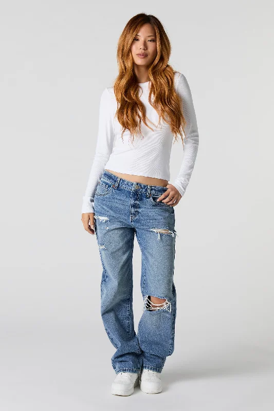 Distressed Slouchy Straight Leg Jean Cozy Relaxed Fit Denim Jeans