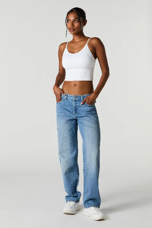 Medium Wash Slouchy Straight Leg Jean Trendy Button-Up High-Waist Jeans