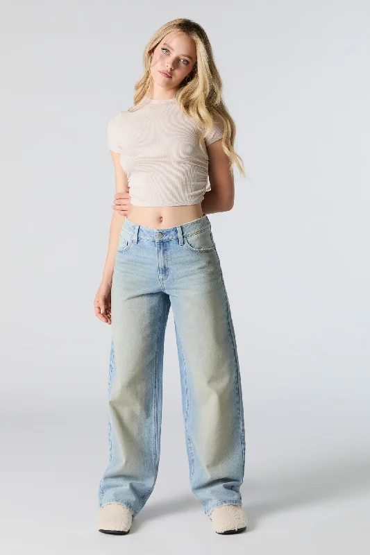 Vintage Wash Low Rise Baggy Jean Chic Double Waistband Jeans