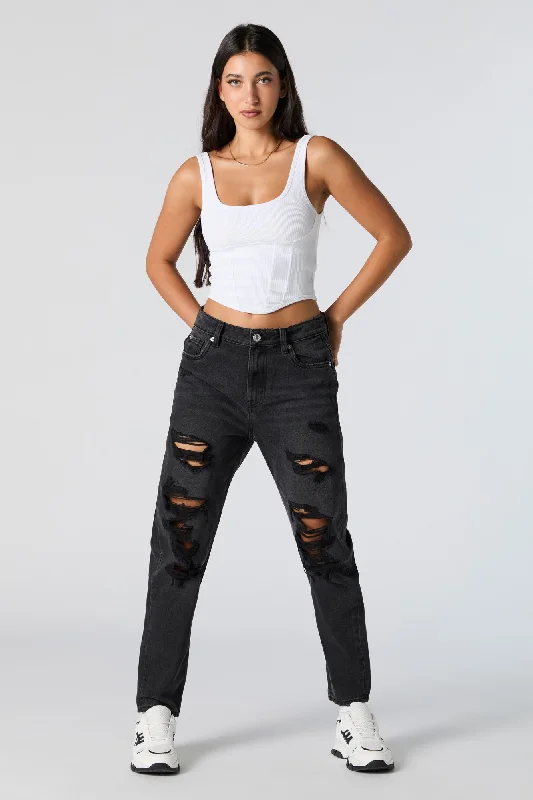 Distressed High Rise Black Wash Mom Jean Chic Double Waistband Jeans