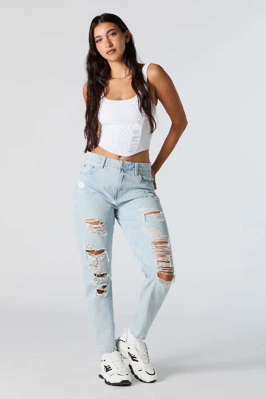 Distressed High Rise Light Wash Mom Jean Chic Cropped Jeans