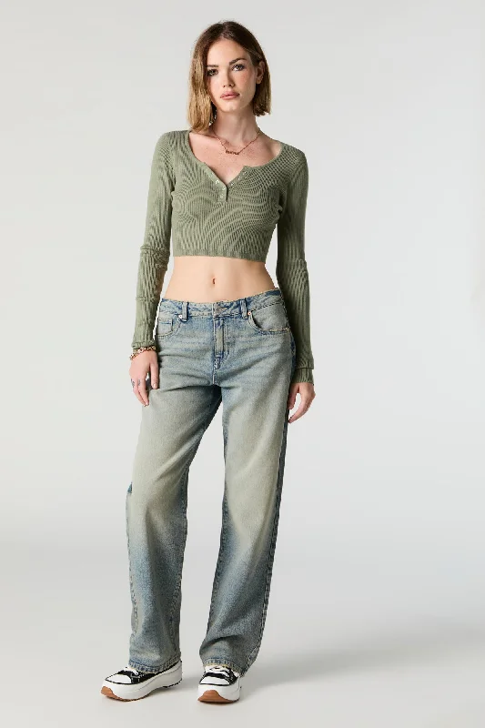 Dyed Washed Slouchy Straight Jean Trendy Button-Up High-Waist Jeans