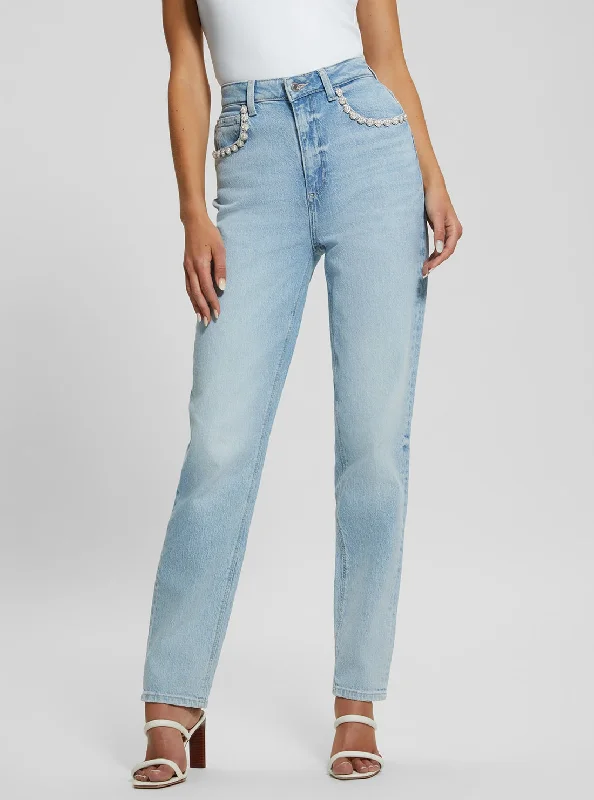 Blue Denim Mom Jean in Light Wash Casual Wide-Legged Denim Jeans