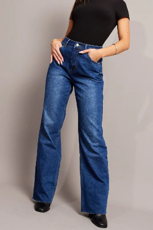 Denim Straight Jean Mid Rise Elegant Raw Hem Jeans