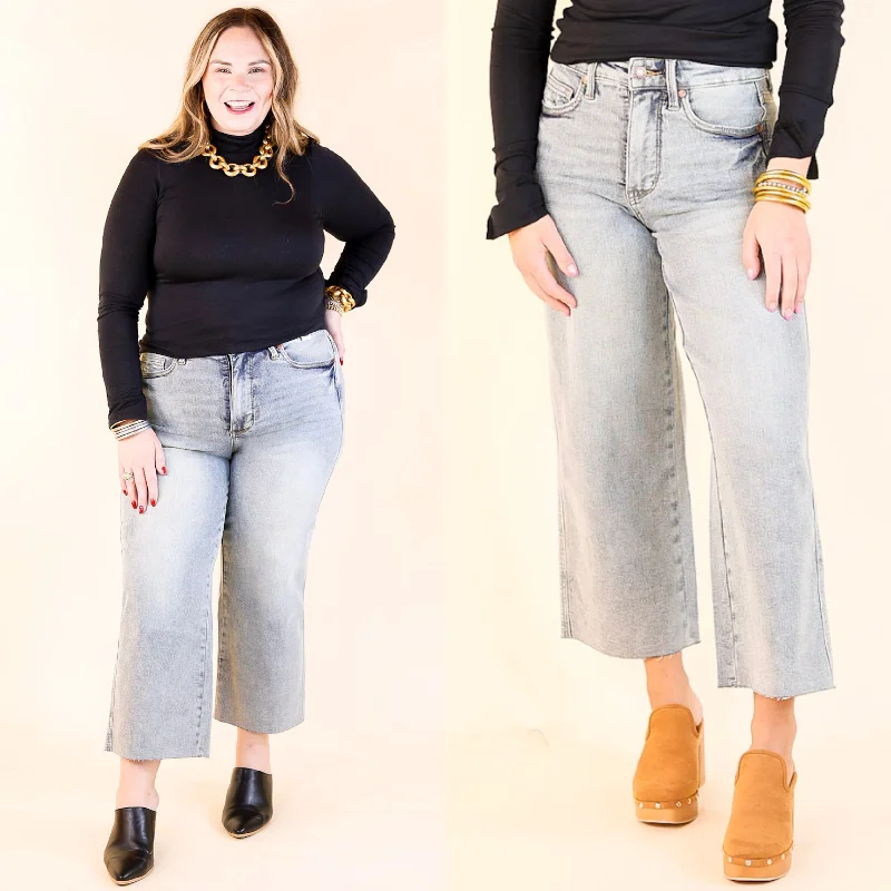 Judy Blue | Casual Confidence Mid Rise Tummy Control Cropped Wide Leg Jean with Raw Hem in Light Wash Trendy Paperbag Waist Jeans