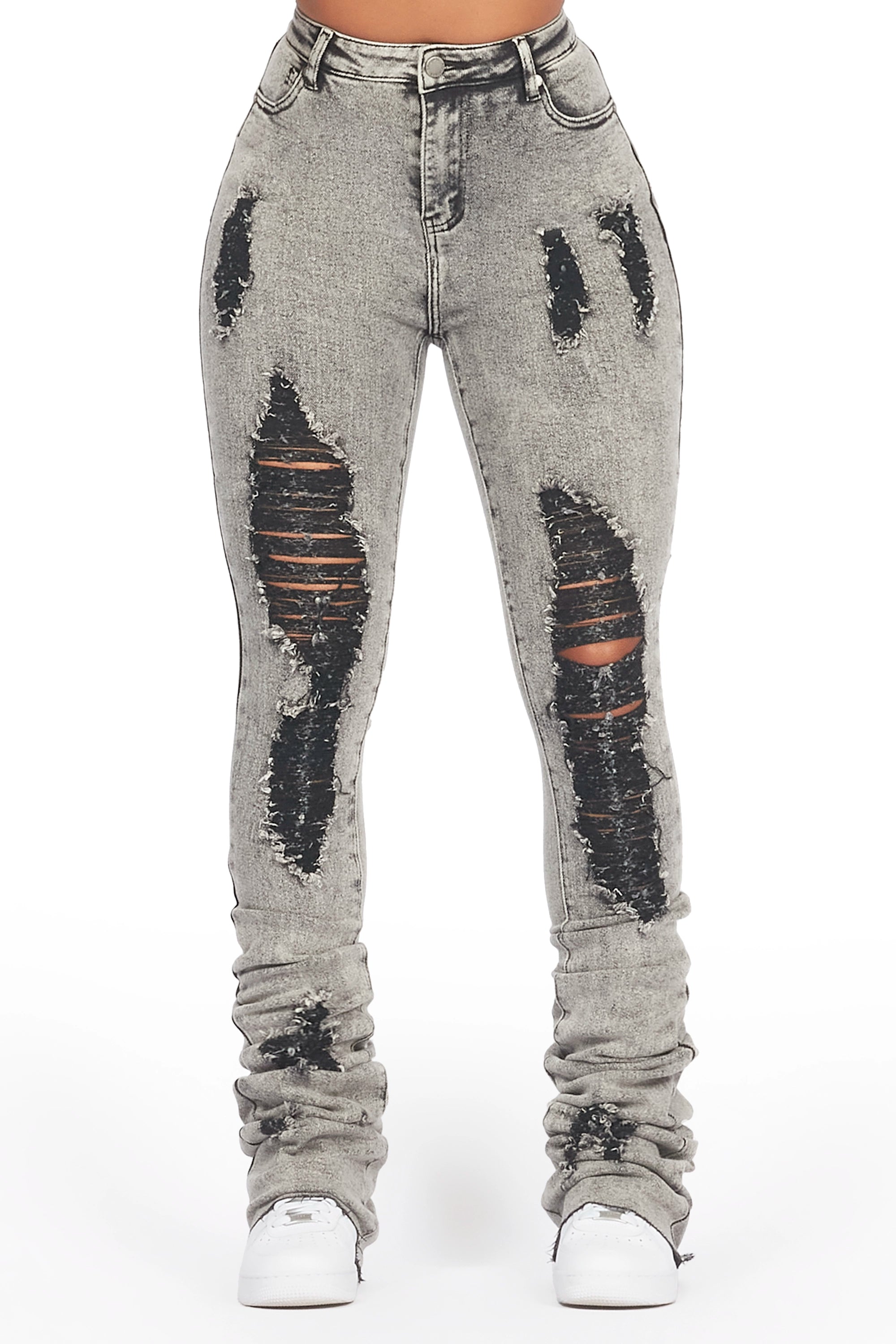 Got A Crush Grey Wash Distressed Super Stacked Jean Fashionable Jeggings Style Jeans