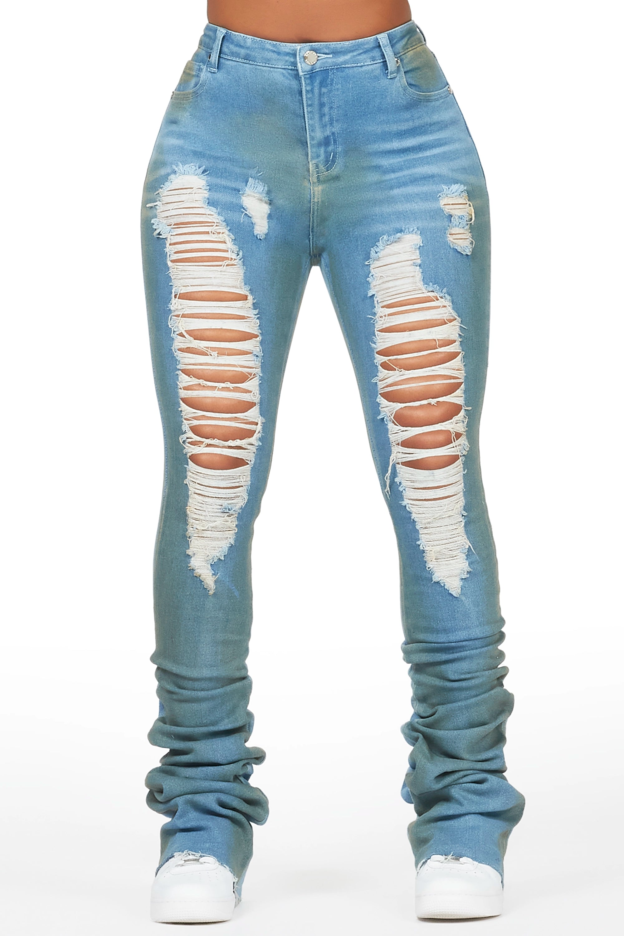 Yours Truly Dirty Blue Bleached Wash Distressed Super Stacked Jean Casual Light Wash Jeans