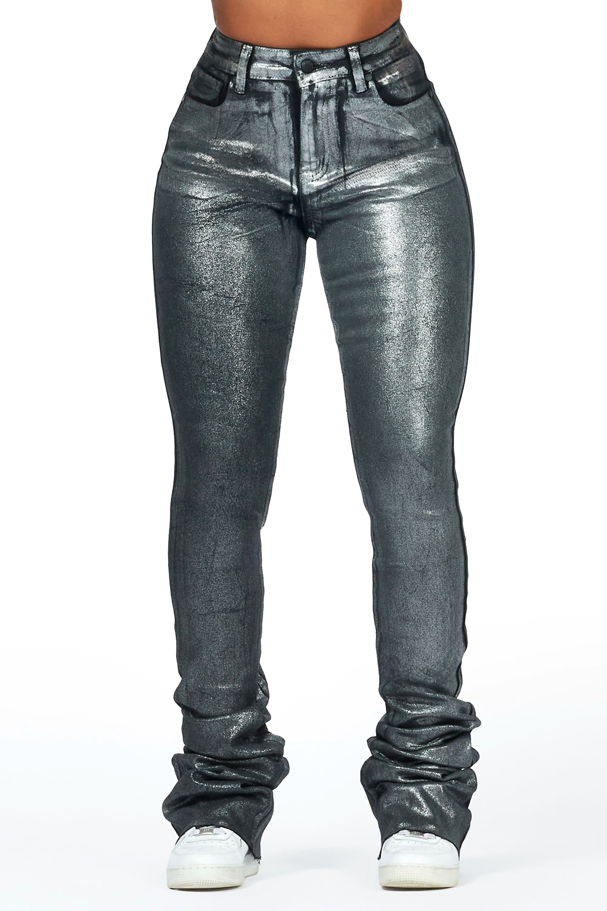 Vittoria Black/Silver Foil Super Stacked Jean Fashionable White Denim Jeans