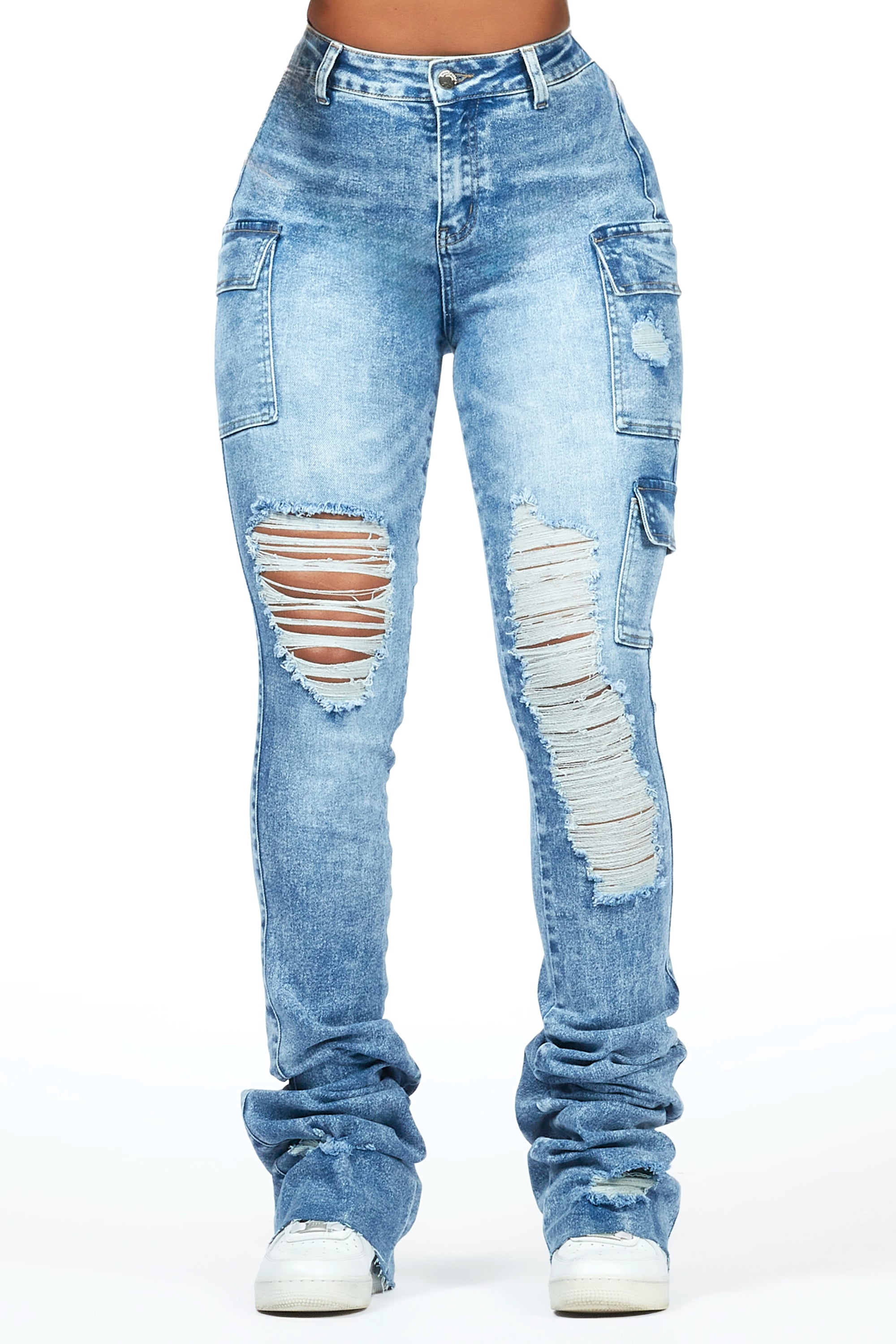 Vixen Acid Wash Distressed Cargo Super Stacked Jean Chic Cropped Jeans