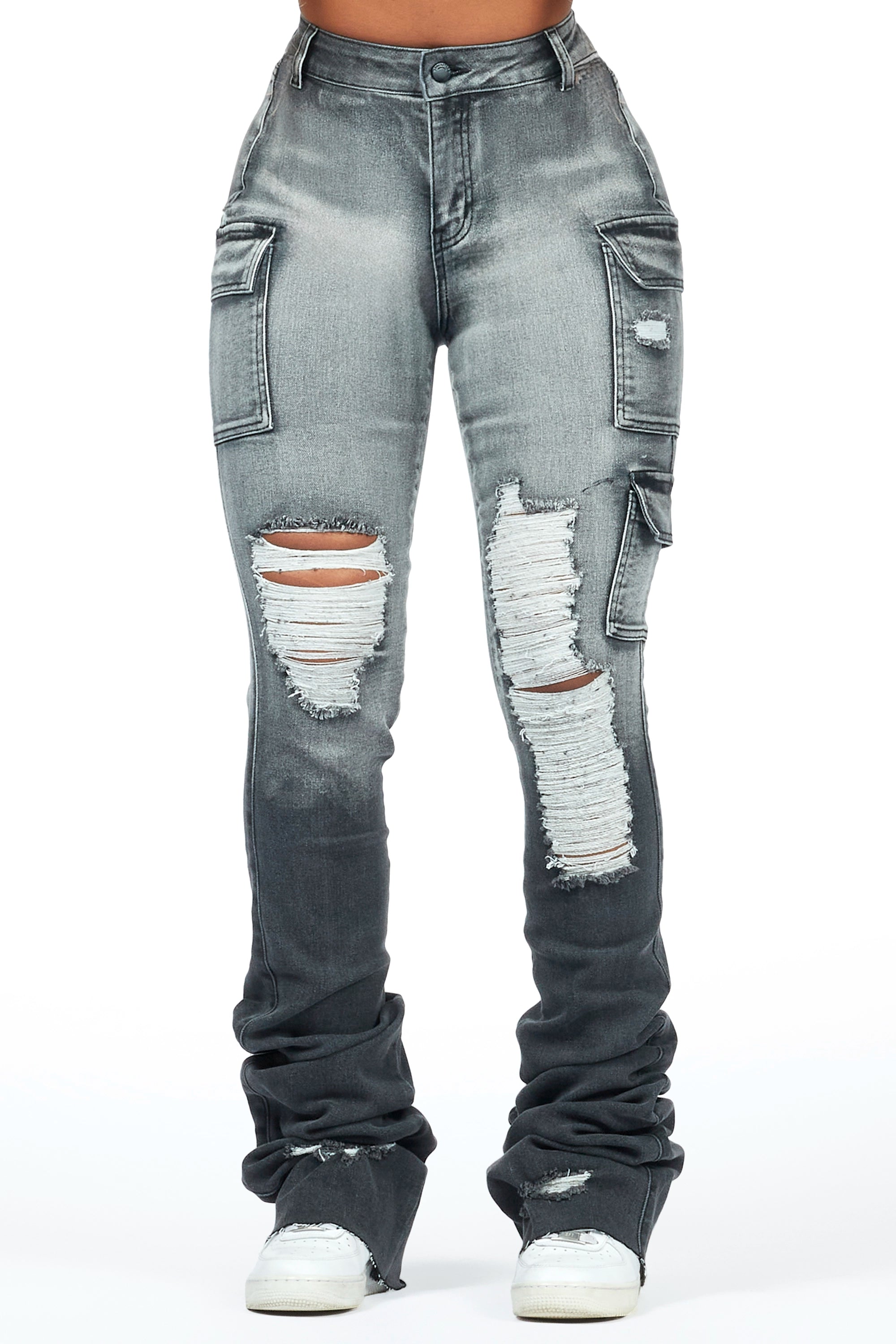 Vixen Grey Wash Distressed Cargo Super Stacked Jean Cozy Relaxed Fit Jeans