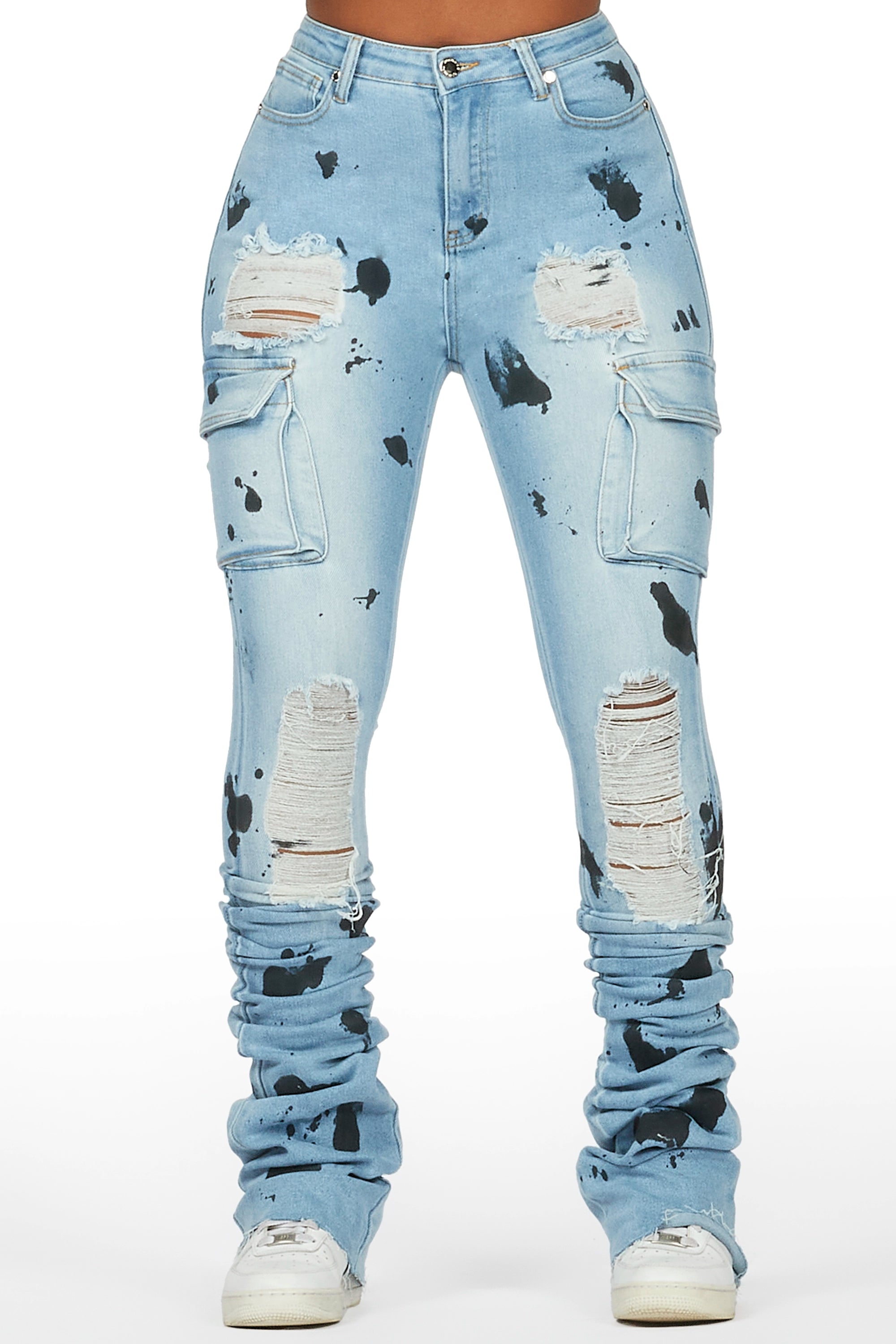 Tersenis Light Wash Painted Cargo Super Stacked Jean Comfortable Distressed Straight-Leg Jeans