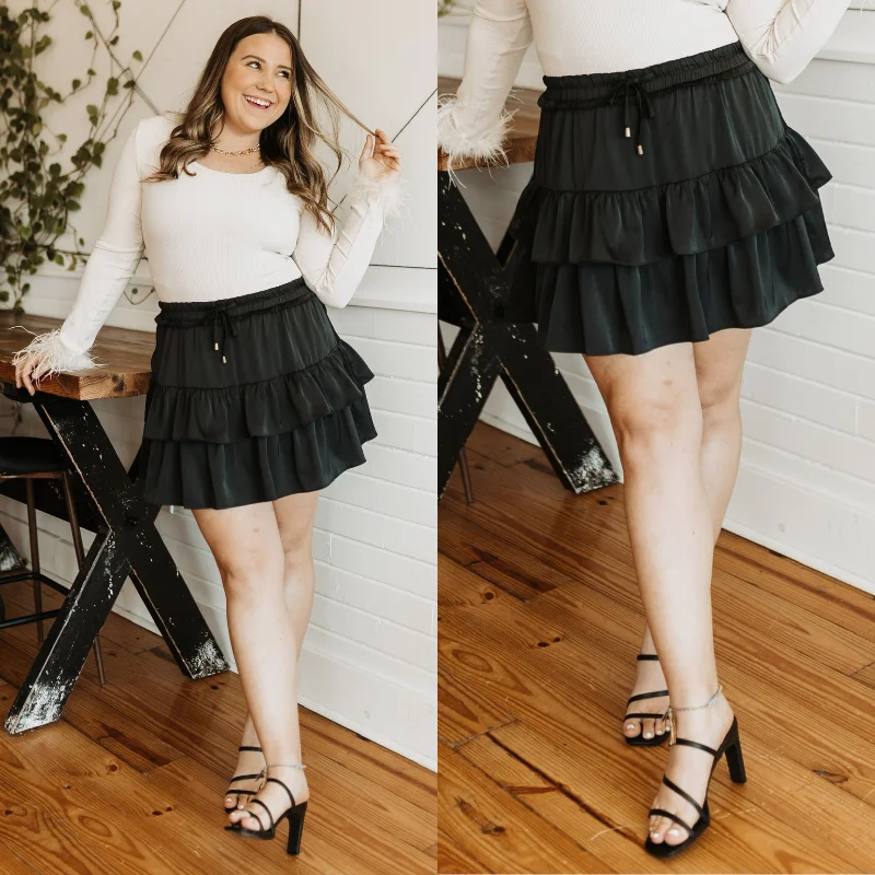 My Own Way Ruffle Mini Skort in Black ribbed skirt waist