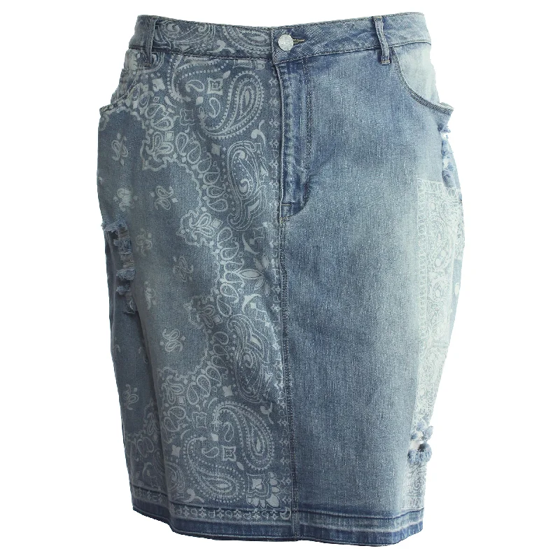 Nanette Lepore Blue Denim Printed Distressed Jean Skirt asymmetrical skirt cut