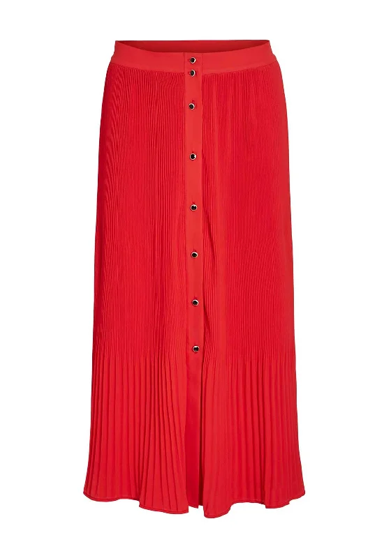 Vila Yasmin Button Pleated Midi Skirt, Tomato ribbed skirt waist